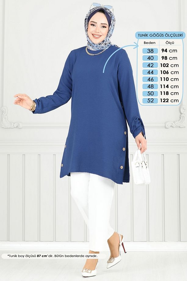 Yırtmaç Düğmeli Tesettür Tunik 016mr1078 Indigo - 1