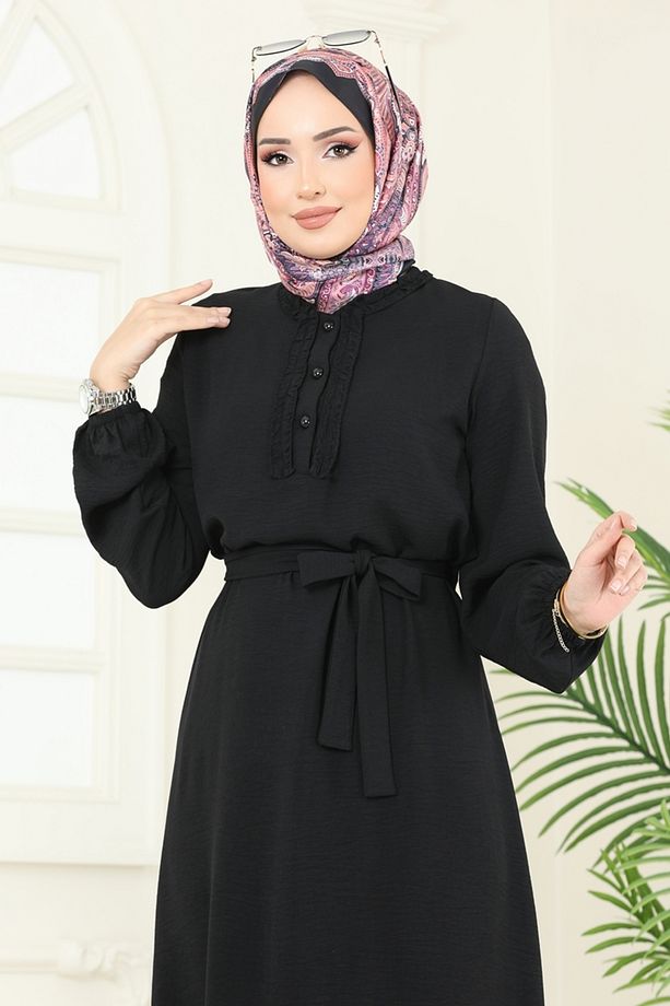 Önü Fırfırlı Tesettür Elbise 1259BM387 Siyah - 2