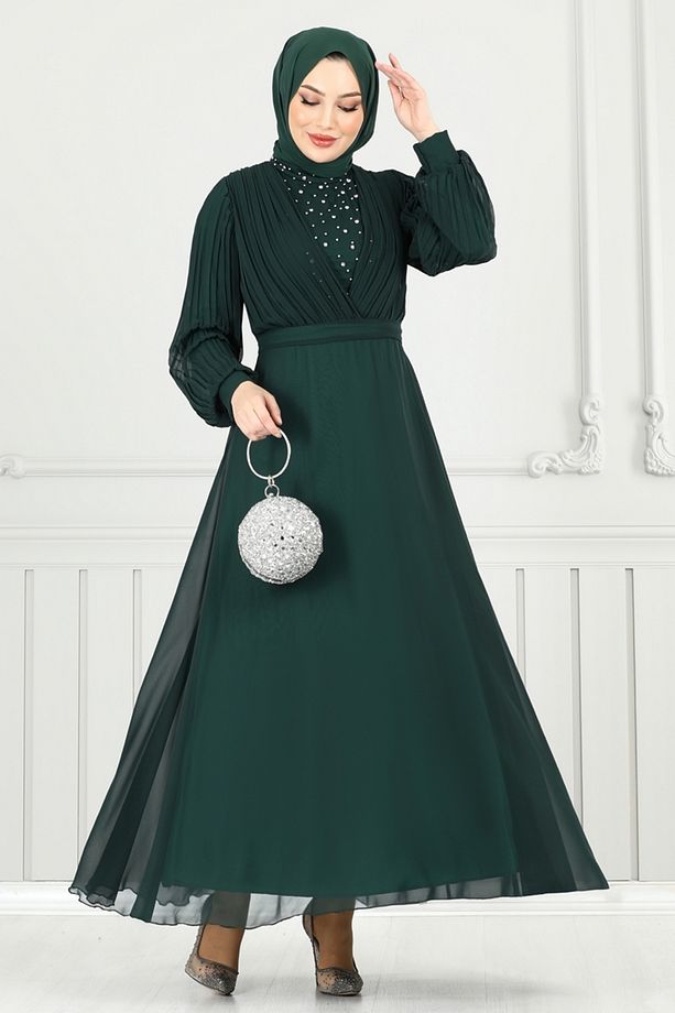 Taşlı Şifon Abiye 0404ALG474 Zümrüt - 5