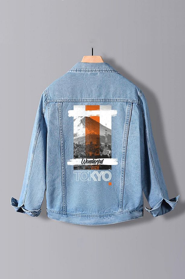 Erkek Slim Fit Sırt Baskılı Denim Kot Ceket Açık Mavi Edw375 - 1
