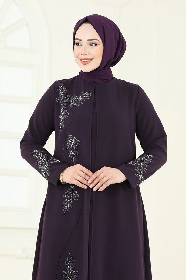 Taş Detay Abiye Elbise 2005OZT1013 Mürdüm - 3