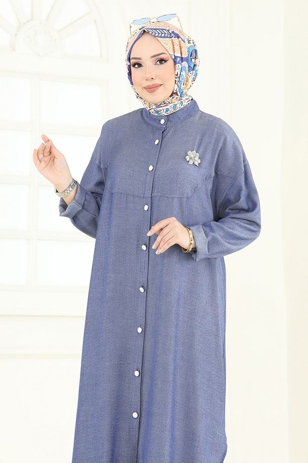 Önden Düğmeli Kot Tunik  Kot Mavi - 3