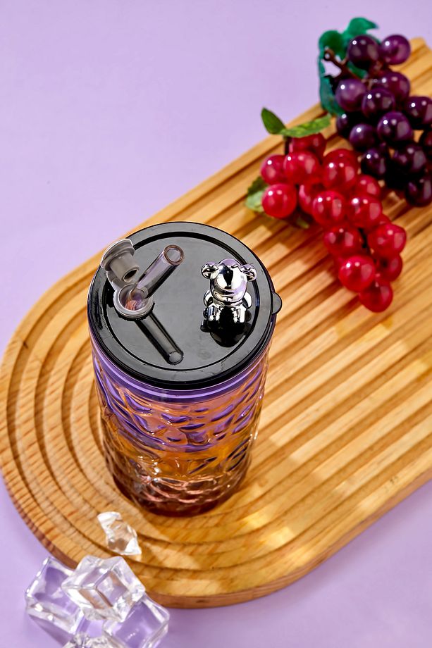 Ayıcık Figürlü - Meşrubat / Cam Bardak / 420 ml / Cam Pipet Hediyeli / Mor - Tekli - 3