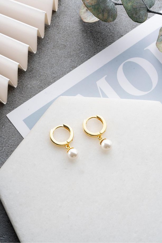 925 Ayar Gümüş Gold Kaplama İnci Sallantılı 10 mm Tamtur Küpe - 7