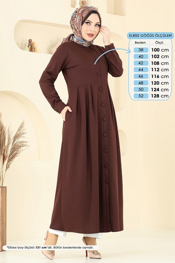 Önden Düğmeli Elbise Ferace 23008UKB139 Kahve - 4