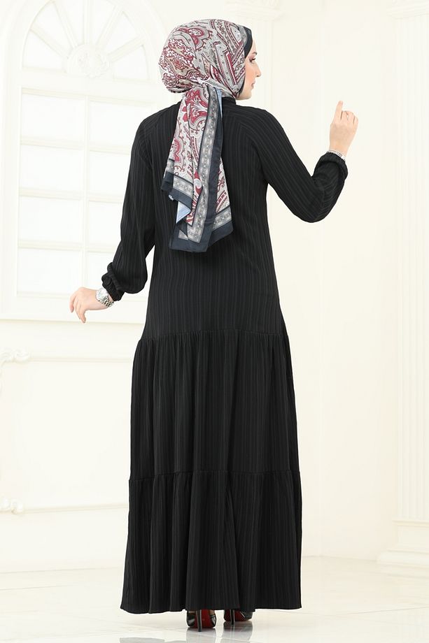 Fular Yakalı Tesettür Elbise 4076PM271 Siyah - 4