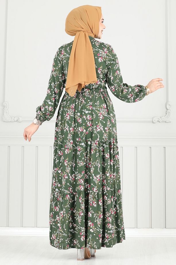 Çiçek Desen Tesettür Elbise 7122BG354 Haki - 4