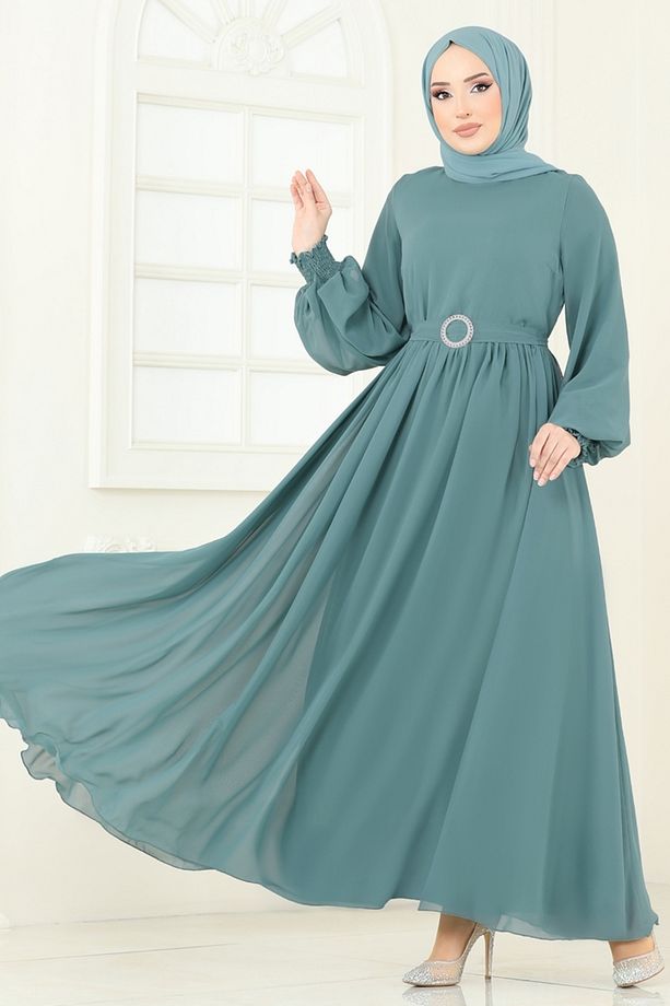 Manşeti Lastikli Şifon Elbise 5672EDF311 Mint - 5