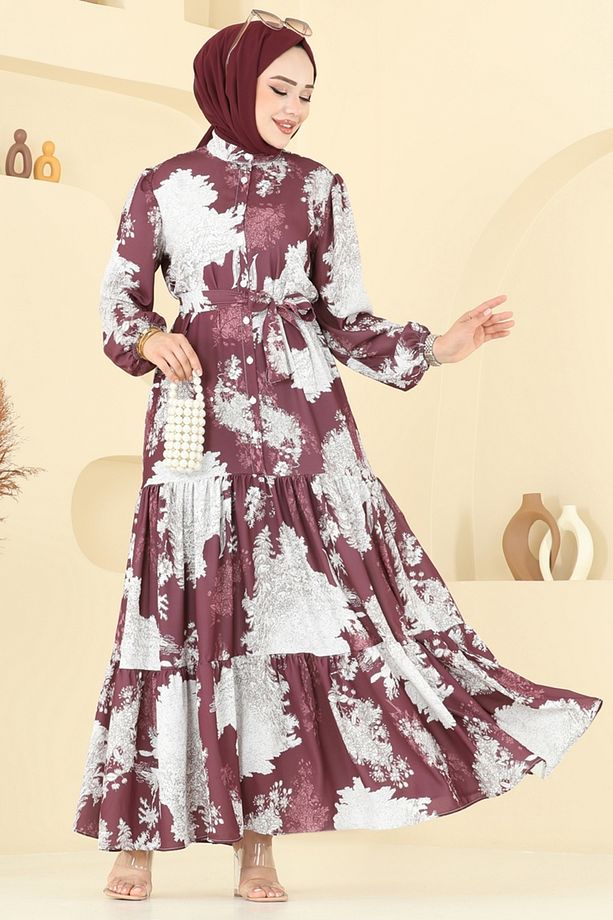 Yarım Düğmeli Desenli Elbise 4458BRZ597 Desen1 Mürdüm - 2