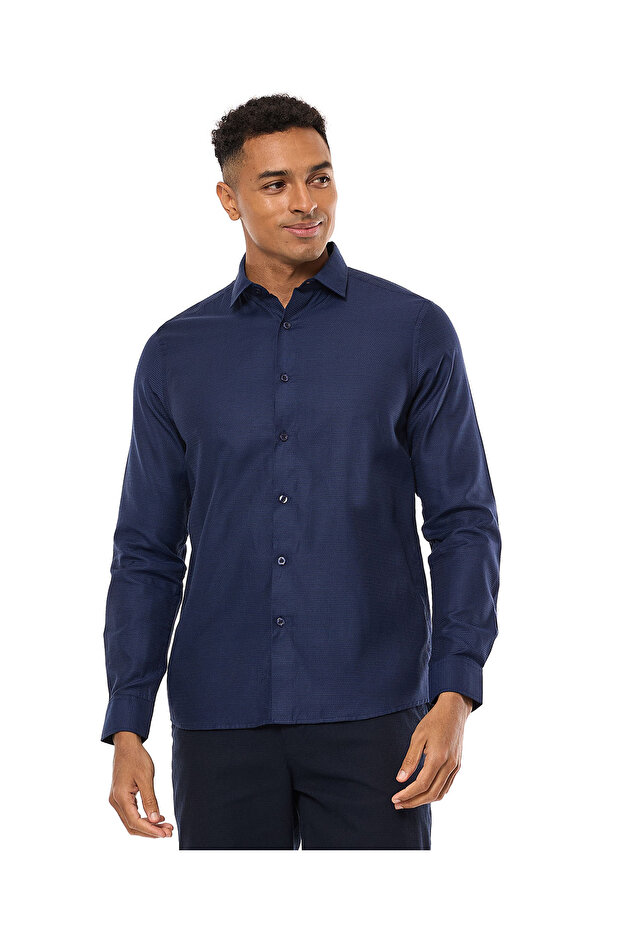 Textured Shirt with Classic Collar and Long Sleeves