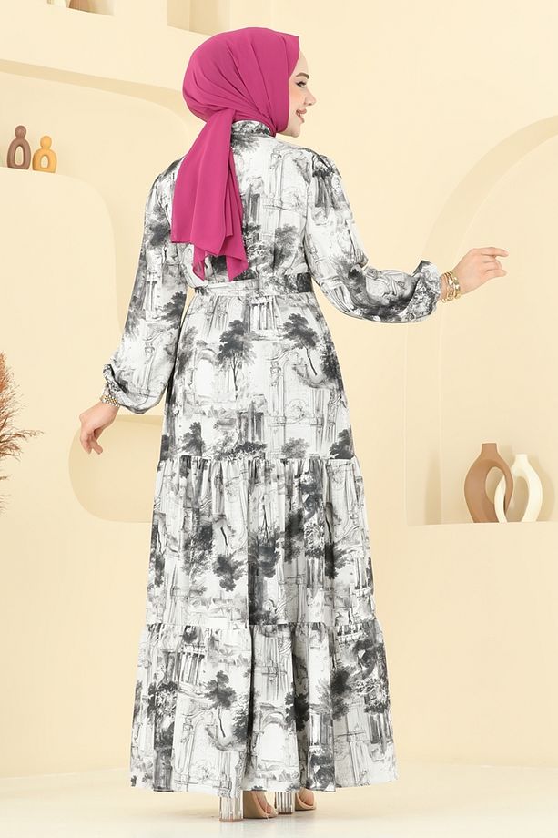 Yarım Düğmeli Desenli Elbise 4458BRZ597 Desen2 Siyah - 4