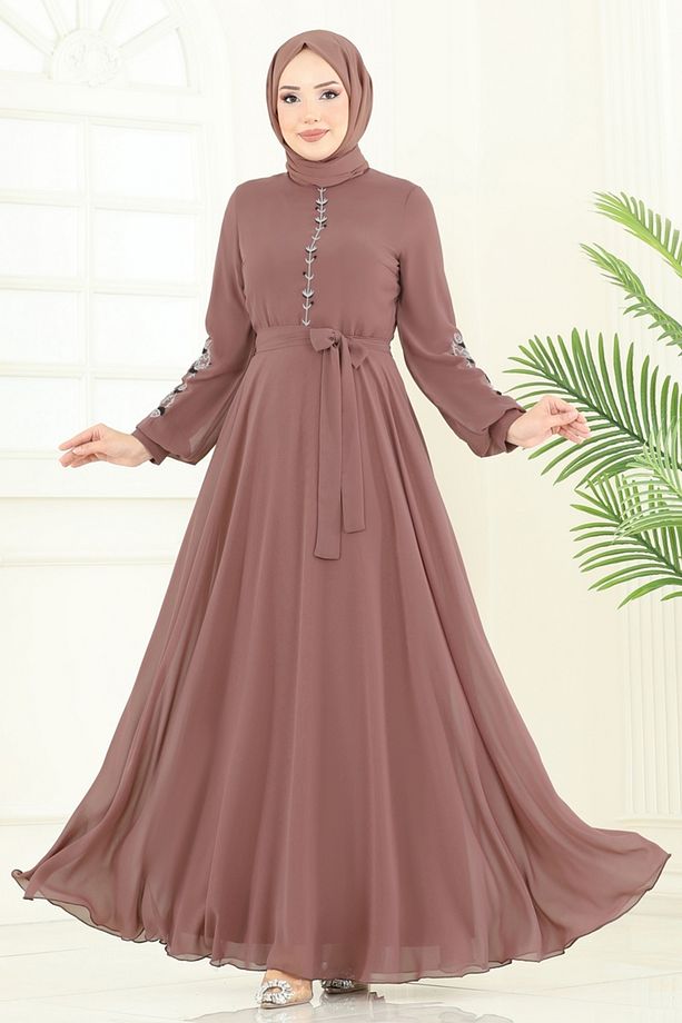 Nakış İşlemeli Şifon Elbise 8022AB368 Pudra Vizyon - 2