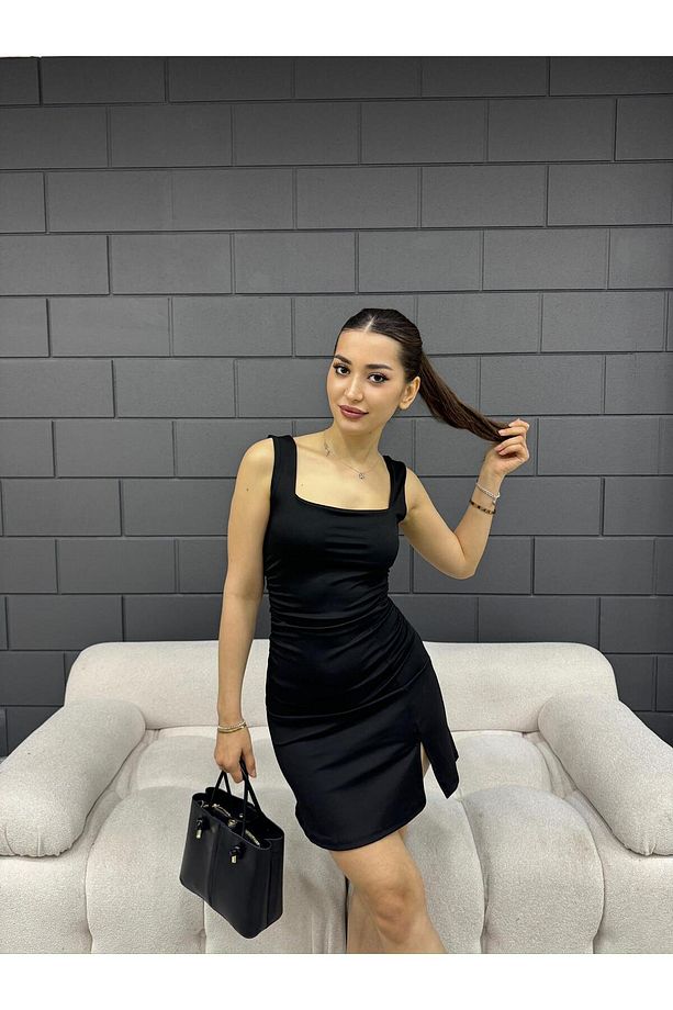 Kare yaka Tek Yırtmaçlı Elbise - 2