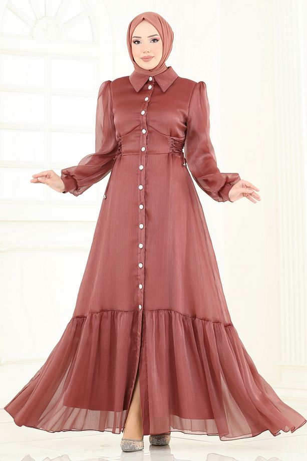 Beli Bağcıklı Abiye Elbise 8038AB368 Bakır - 1