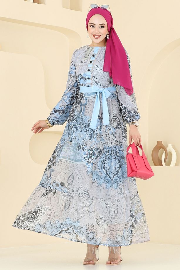 Etnik Desen Şifon Elbise 5297AL357 Bebe Mavisi - 1