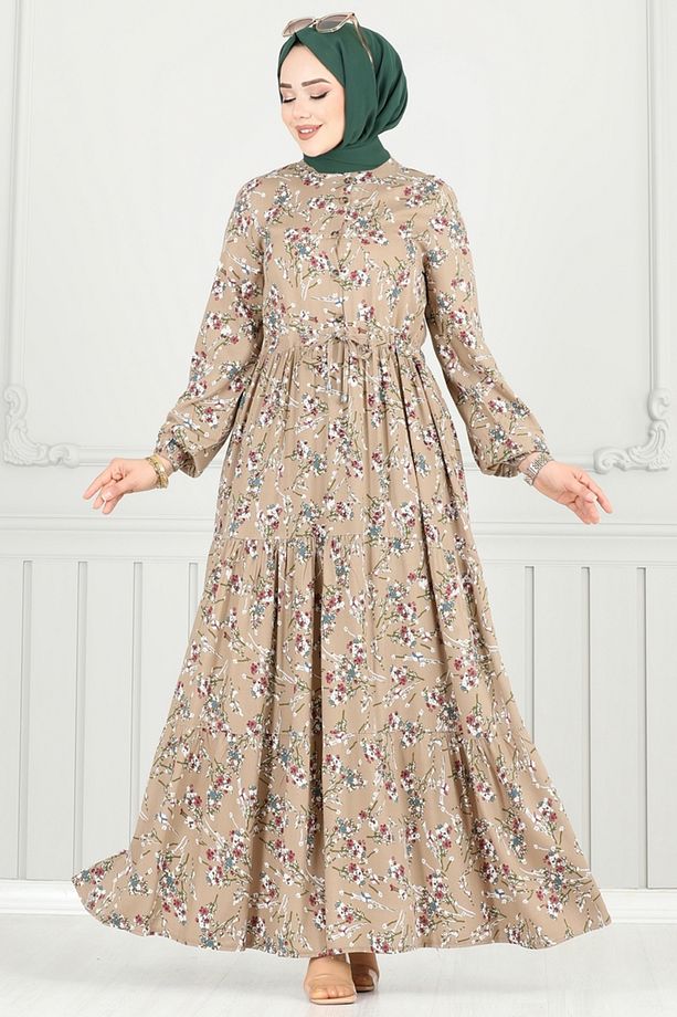 Çiçek Desen Tesettür Elbise 7122BG354 Koyu Vizyon - 2