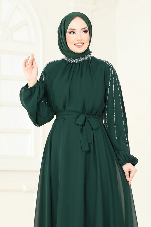 Kolları Taşlı Şifon Abiye 5666EDF311 Zümrüt - 3