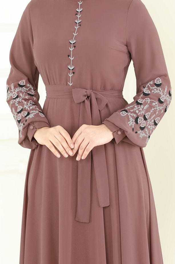 Nakış İşlemeli Şifon Elbise 8022AB368 Pudra Vizyon - 5