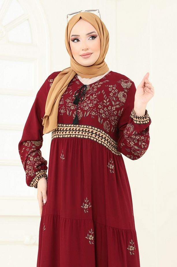 Yakası Bağcıklı Viskon Elbise 4083ZNN863 Bordo - 2