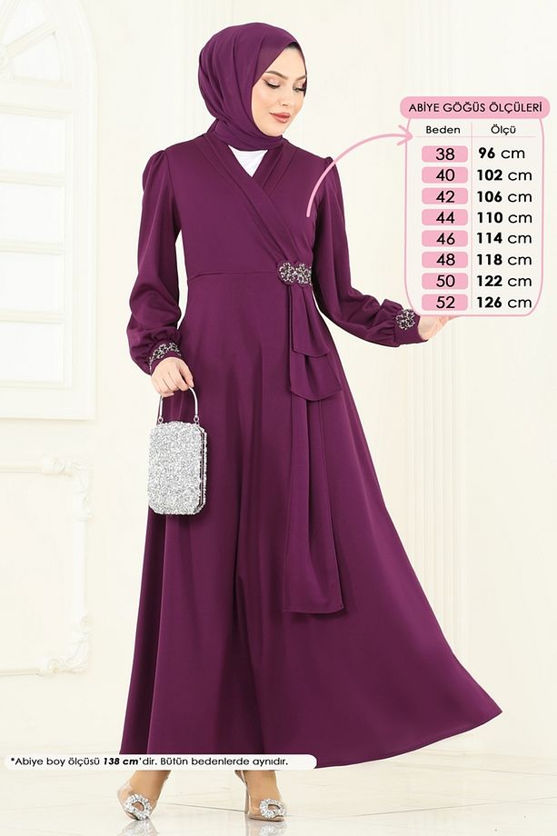 Taş Detay Abiye Elbise ASM2804 Mürdüm - 2