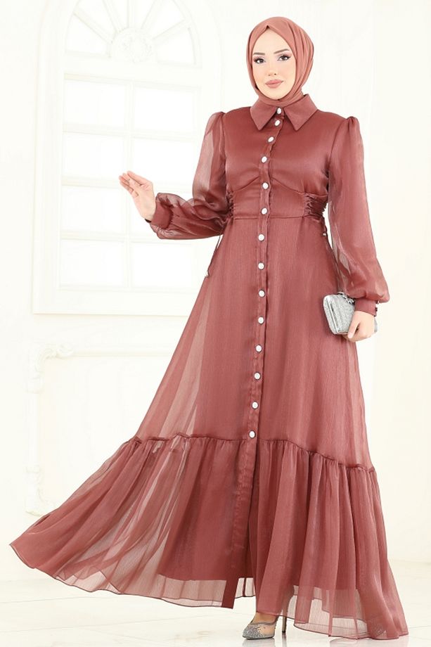 Beli Bağcıklı Abiye Elbise 8038AB368 Bakır - 5