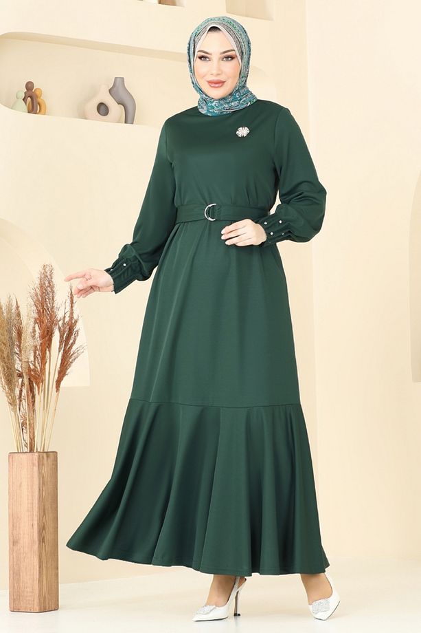 Kolları Taşlı Tesettür Elbise 397DVL817 Zümrüt - 2