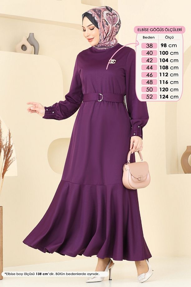 Kolları Taşlı Tesettür Elbise 397DVL817 Mor - 5