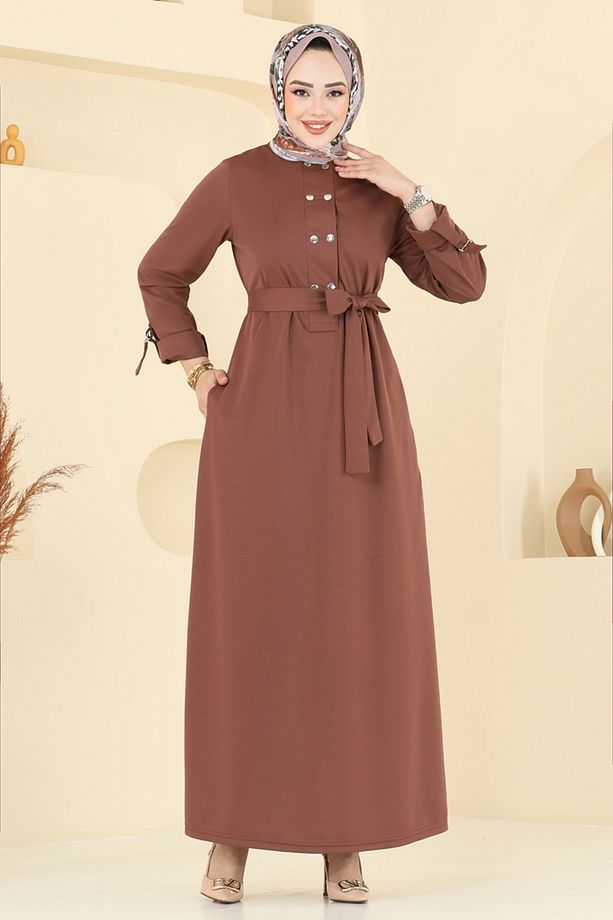 Önden Çıtçıtlı Tesettür Elbise 416DVL817 Açık Kahve - 1
