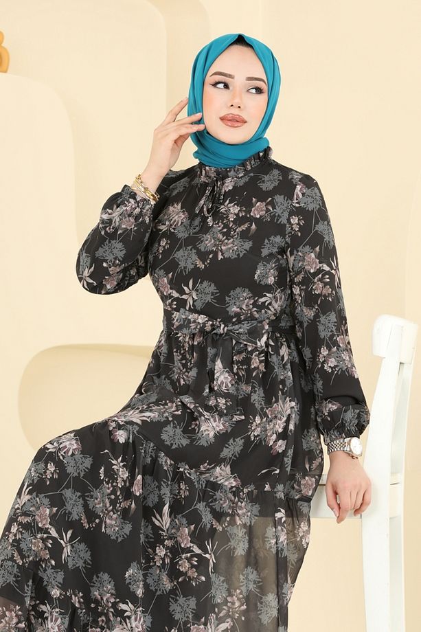 Yaprak Desen Şifon Elbise 5205AL357 Siyah - 4