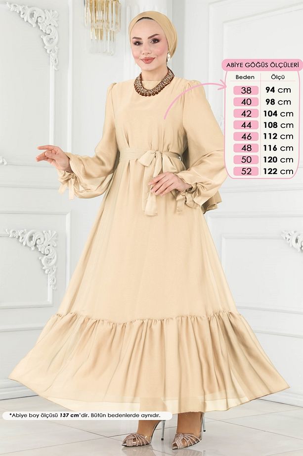 Manşeti Bağcıklı Abiye Elbise 5678EDF311 Gold - 2
