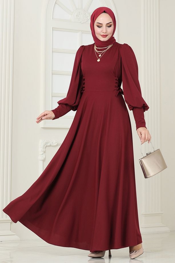 Yandan Bağcıklı Scuba Elbise 4608ALG474 Bordo - 5