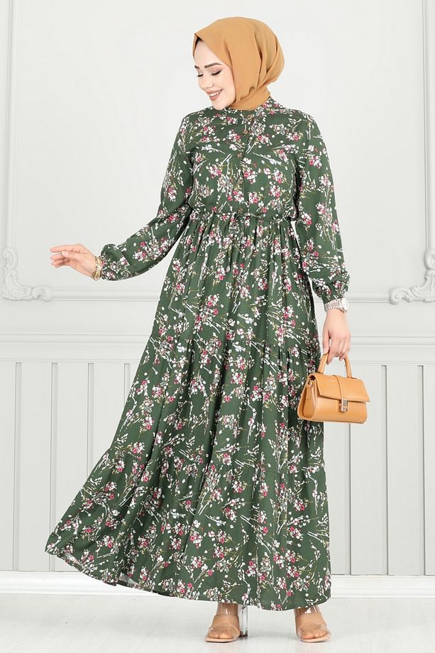 Çiçek Desen Tesettür Elbise 7122BG354 Haki - 1