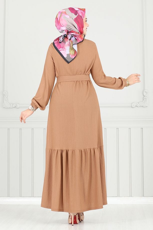 Broş Detay Bürümcük Elbise 422DVL817 Latte - 4
