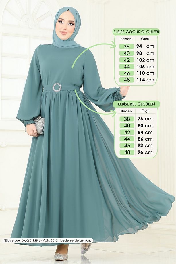 Manşeti Lastikli Şifon Elbise 5672EDF311 Mint - 1