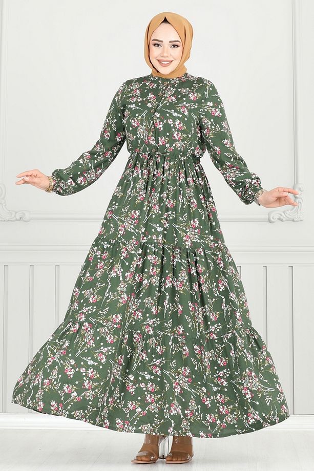 Çiçek Desen Tesettür Elbise 7122BG354 Haki - 5