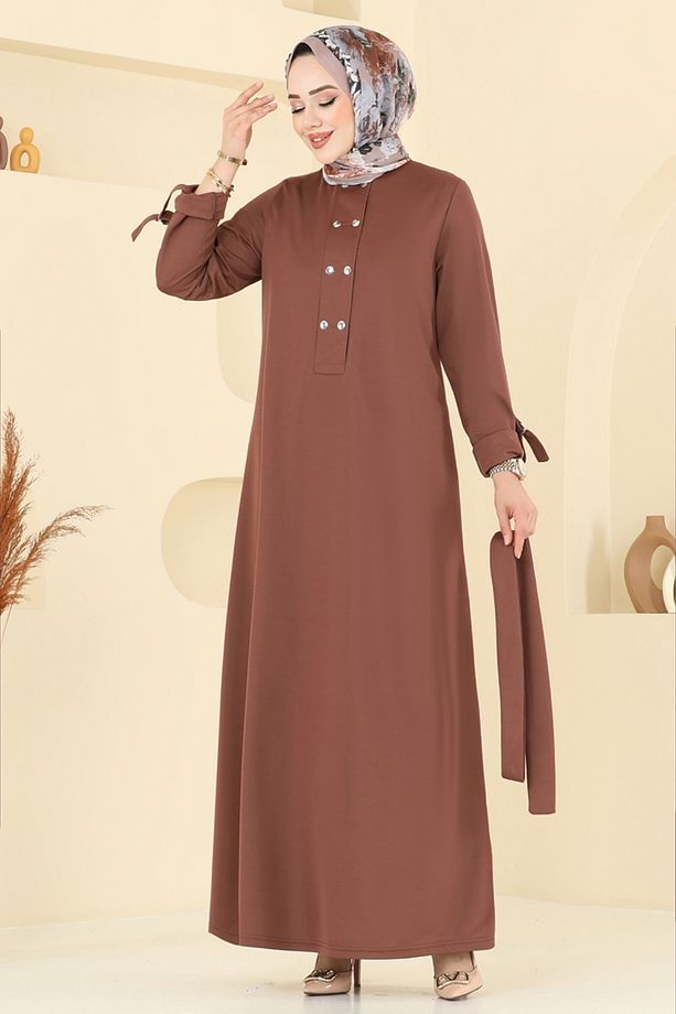 Önden Çıtçıtlı Tesettür Elbise 416DVL817 Açık Kahve - 2