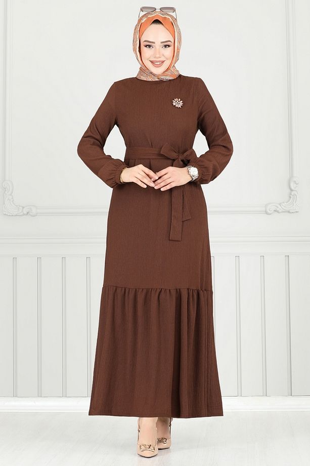 Broş Detay Bürümcük Elbise 422DVL817 Kahve - 2
