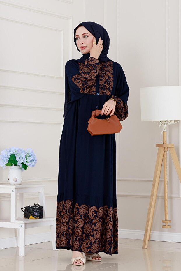 Half Button Robe Beyza Dress-Navy Blue