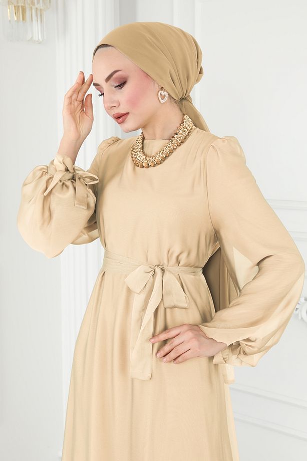 Manşeti Bağcıklı Abiye Elbise 5678EDF311 Gold - 3