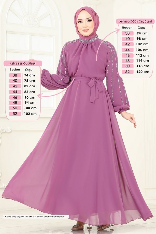 Kolları Taşlı Şifon Abiye 5666EDF311 Gül Kurusu - 2