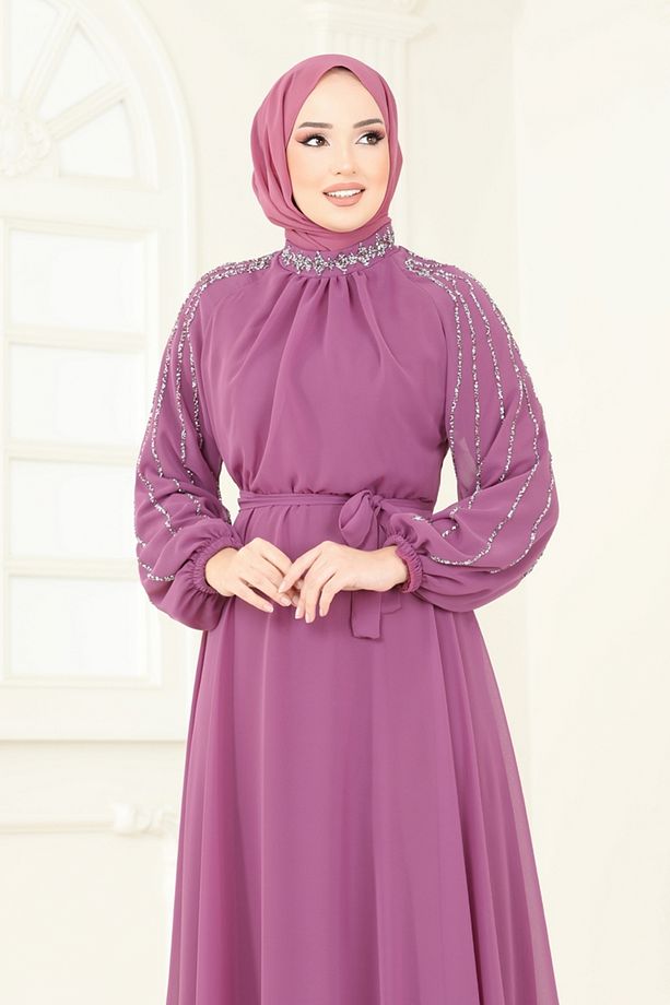 Kolları Taşlı Şifon Abiye 5666EDF311 Gül Kurusu - 3