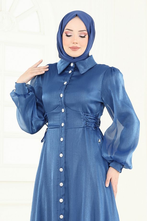 Beli Bağcıklı Abiye Elbise 8038AB368 İndigo - 3