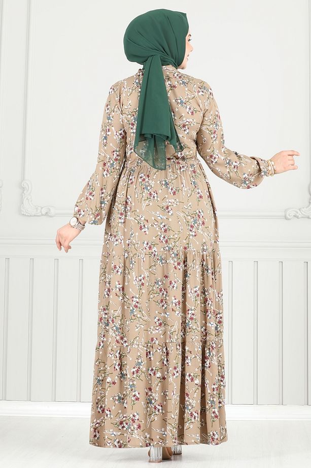 Çiçek Desen Tesettür Elbise 7122BG354 Koyu Vizyon - 4