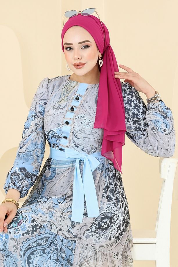 Etnik Desen Şifon Elbise 5297AL357 Bebe Mavisi - 4