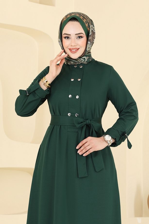 Önden Çıtçıtlı Tesettür Elbise 416DVL817 Zümrüt - 3