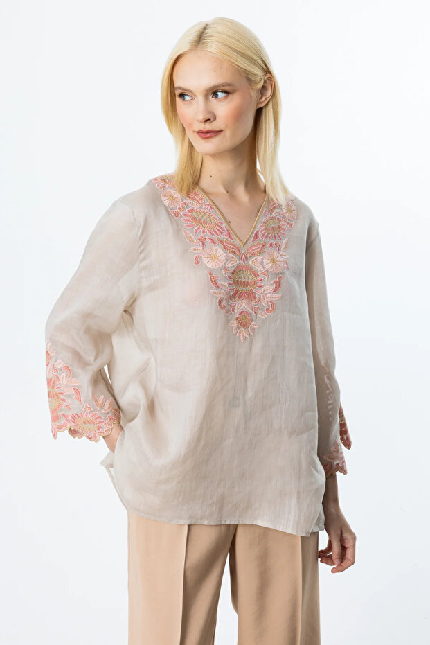 Women's Embroidery Detailed Linen Blouse 3936 Silver