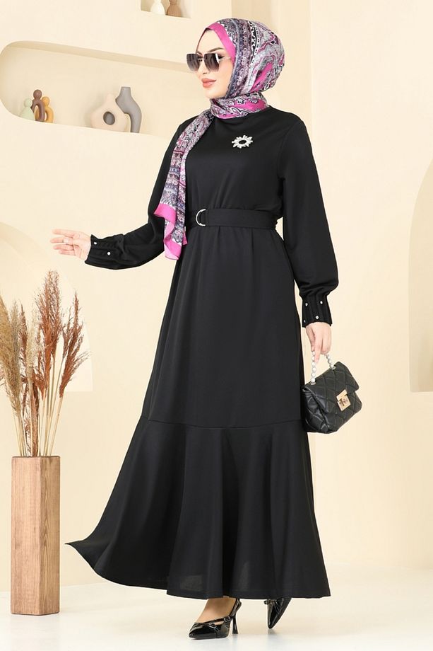 Kolları Taşlı Tesettür Elbise 397DVL817 Siyah - 1