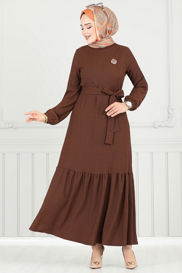 Broş Detay Bürümcük Elbise 422DVL817 Kahve - 1