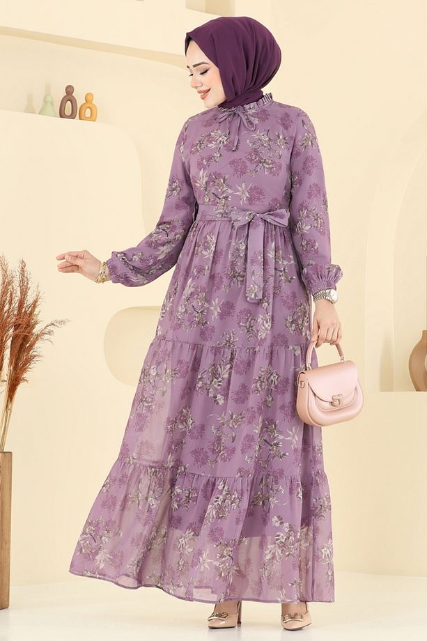 Yaprak Desen Şifon Elbise 5205AL357 Koyu Lila - 1