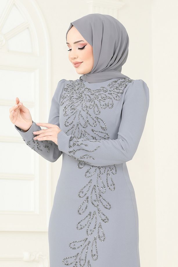 Taş Detay Abiye Elbise 4407MDH809 Gri - 2